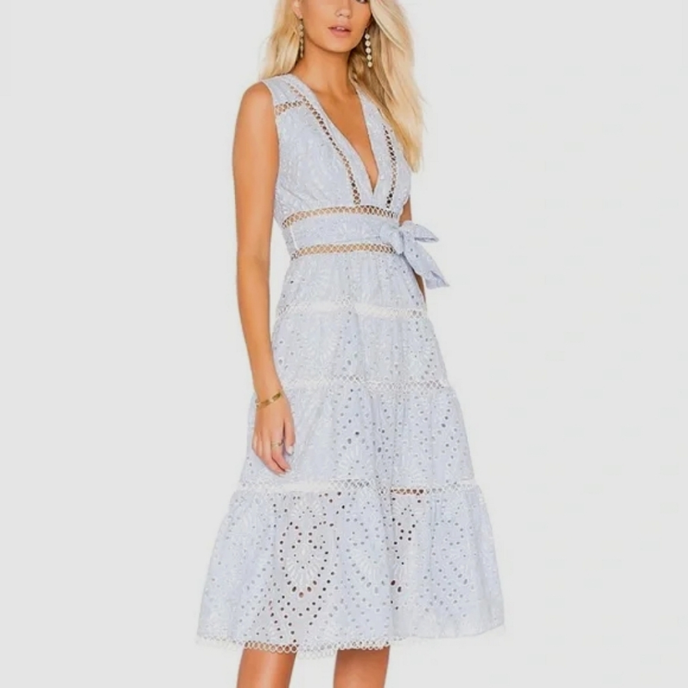 Karina Grimaldi Alba Eyelet Midi Dress Sky Blue Size S Summer Wedding Guest - Picture 16 of 16